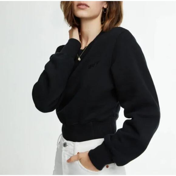 WSLY Eco Fleece Ribbed Bodice Crew Neck Sweatshirt Medium Black Crop Athleisure - Picture 1 of 13